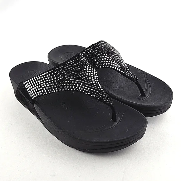 Fitflop Women's Lulu Black Popstud Toe-Post Shiny Metal Studs Sandals Size 7 - Picture 2 of 16